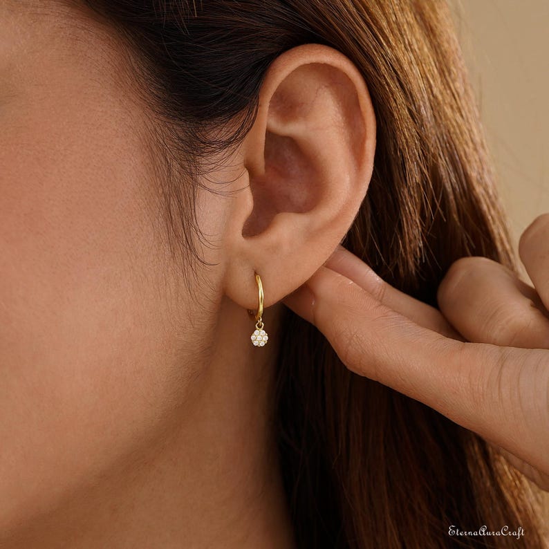 Minimalist Diamond Huggie Hoop Earrings, Gold Diamond Dangle Earrings, Dainty Diamond Drop Earrings, Valentines Day Gift, Gifts for Mom