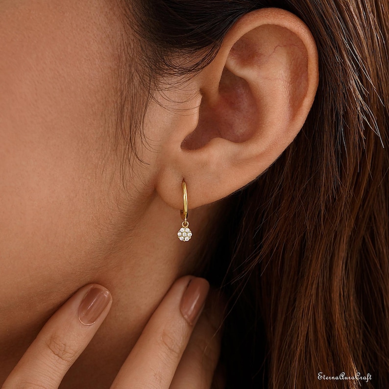 Minimalist Diamond Huggie Hoop Earrings, Gold Diamond Dangle Earrings, Dainty Diamond Drop Earrings, Valentines Day Gift, Gifts for Mom