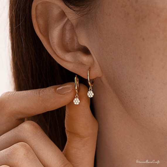 Minimalist Diamond Huggie Hoop Earrings, Gold Diamond Dangle Earrings, Dainty Diamond Drop Earrings, Valentines Day Gift, Gifts for Mom