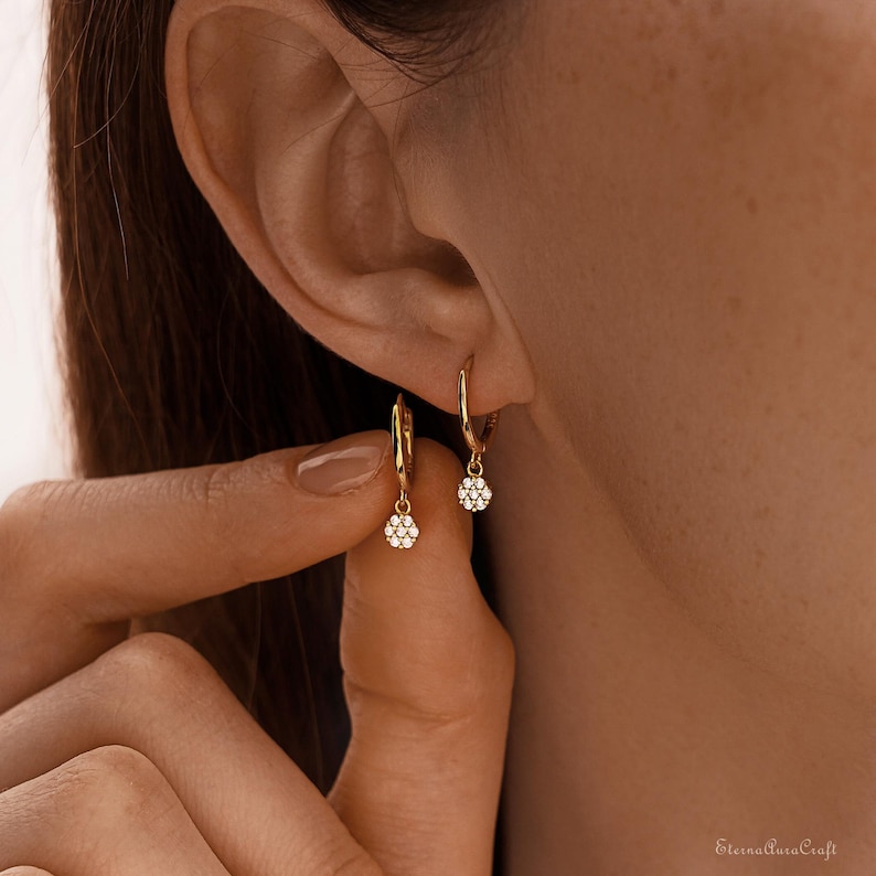 Minimalist Diamond Huggie Hoop Earrings, Gold Diamond Dangle Earrings, Dainty Diamond Drop Earrings, Valentines Day Gift, Gifts for Mom
