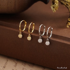 Minimalist Diamond Huggie Hoop Earrings, Gold Diamond Dangle Earrings, Dainty Diamond Drop Earrings, Valentines Day Gift, Gifts for Mom