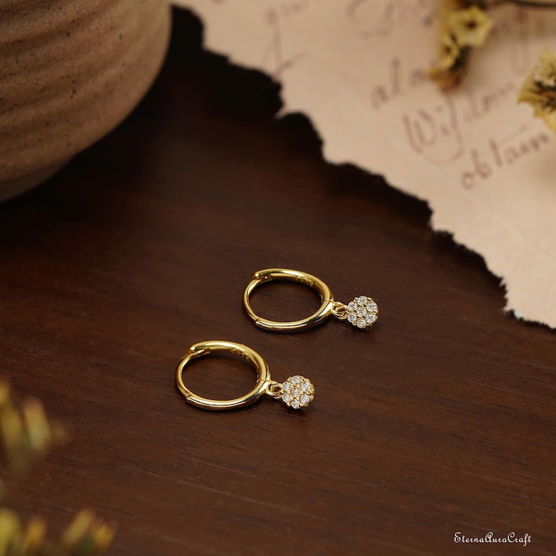 Minimalist Diamond Huggie Hoop Earrings, Gold Diamond Dangle Earrings, Dainty Diamond Drop Earrings, Valentines Day Gift, Gifts for Mom
