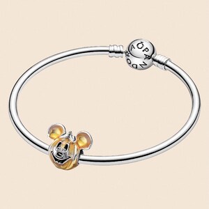 May include: A silver bracelet with a Mickey Mouse charm. The charm is a gold and silver Mickey Mouse head. The bracelet has a round clasp with the word "Pandora" on it.