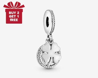 Lucky Four-Leaf Clover Dangle Charm for Bracelet or Necklace Silver, Necklace Pendant, Christmas Handmade, Gift for Her,Travel Pendant