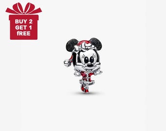 Abalorio navideño de Minnie Mouse de Disney para pulsera o collar, plata, colgante de collar, hecho a mano para Navidad, regalo para ella, colgante de viaje.