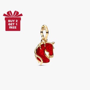 May include: A gold-coloured horse head charm with a vibrant red enamel fill. The charm is suspended from a gold loop. A red gift box with the text "BUY 2 GET 1 FREE" is in the upper left corner.