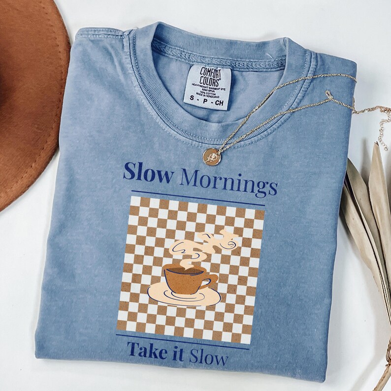 coffee lifestyle t-shirt comfort colors blue jean folded mockup slow morning aesthetic outfit