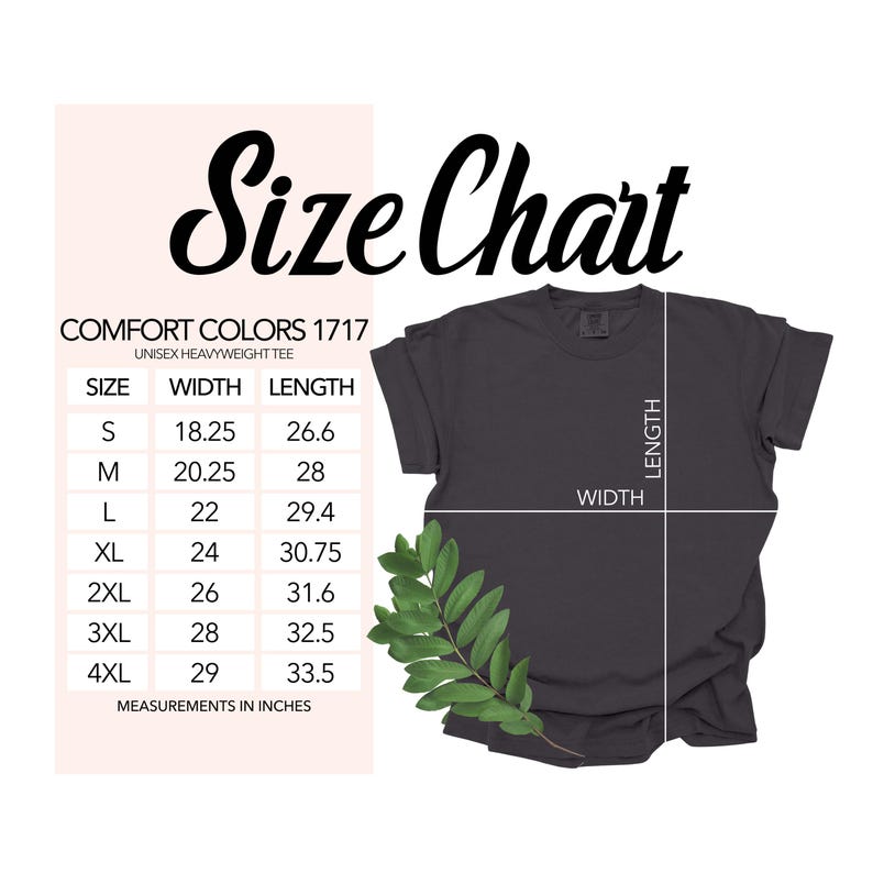 May include: A dark gray unisex heavyweight tee shirt with a size chart. The size chart shows measurements in inches for sizes S to 4XL. The shirt has a green leafy sprig on the bottom left.