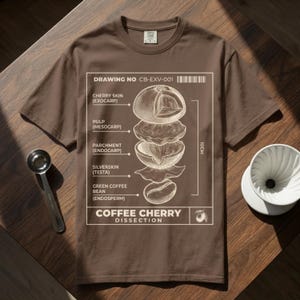 Op de afbeelding: Bruin t-shirt met een gedetailleerde diagram van een koffiekers dissectie, inclusief labels voor de kersenhuid, pulp, perkament, zilvervlies en groene koffieboon. Het diagram is in wit en bevat een meting van 10 cm. Een koffielepel en een wit koffiefilter zijn ook zichtbaar.