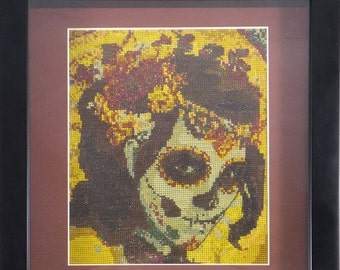 Sugar Skull Lady Day of the Dead counted Cross Stitch Art framed behind glass