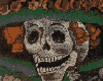 Skeleton lady dressed up for the Day of the Dead portrait counted Cross Stitch Pattern