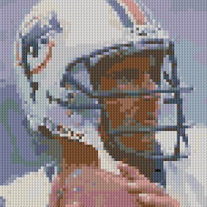 May include: A close-up of a football player wearing a white helmet with a brown face mask. The player is wearing a white jersey with a brown and white pattern.