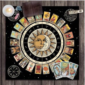 Zodiac Astrology Altar Cloth – Tarot Reading Mat with Sun & Moon Design – Black