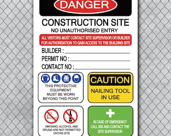 Può includere: Un cartello di sicurezza per cantiere rettangolare con bordo nero e sfondo bianco. Il cartello include la parola "PERICOLO" in un ovale rosso e vari avvisi e istruzioni di sicurezza. Il testo include "Cantiere" e "Attenzione: utensile per inchiodare in uso".
