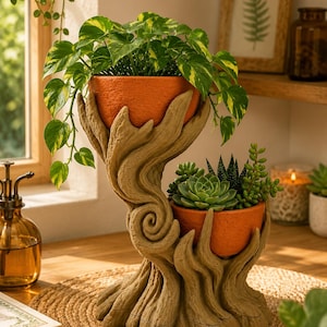 May include: A two-tiered planter stand sculpted to resemble a tree trunk with textured bark details. It features two orange, bowl-shaped pots held by branch-like arms. The top pot contains a trailing pothos plant, while the lower pot holds succulents.