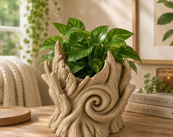 May include: A beige, textured planter with a swirling, organic design resembling tree bark or roots. The planter holds a vibrant green pothos plant with heart-shaped leaves. The exterior features raised, carved-like patterns and ridges.