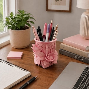 May include: A pink pen holder with a floral and architectural design, filled with pens and pencils. The holder sits on a wooden desk next to a potted plant, a notepad, and a laptop.
