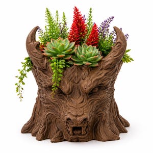 May include: A brown, textured planter shaped like a wolf's head, filled with green succulents, red and green plants, and purple flowers. The planter has large horns and a detailed, carved design, perfect for indoor or outdoor decor.