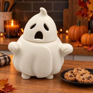 May include: A matte white ceramic ghost-shaped jar with a removable lid. The ghost features a carved face with hollow eyes and an open mouth, rounded arms extending to the sides, and a textured, pumpkin-like base with small feet.
