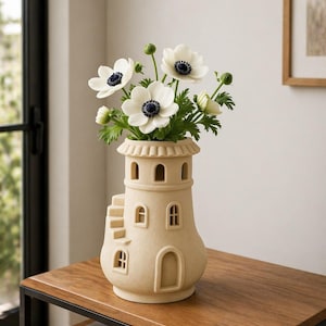 May include: A beige ceramic lighthouse-shaped vase holds white anemone flowers with dark blue centers. The vase has arched windows and a staircase design. The arrangement sits on a wooden table.