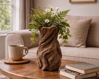 May include: A brown, textured vase filled with daisies and greenery sits on a wooden coffee table. The vase has a unique, twisted design. A mug of coffee and books are also on the table, with a neutral-toned sofa in the background.