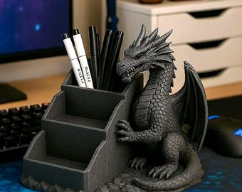3D Printed Dragon Desk Organizer | Fantasy Pen Holder, DnD Gaming Gift
