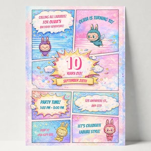 Labubu Birthday Invitation | Cute Cartoon Party Invite | Pastel Birthday Invitation | Editable Canva Template | Printable Kids Invitation