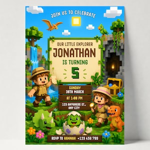 Op de afbeelding: Een kleurrijke uitnodiging met een pixelachtig ontwerp, met de tekst "JOIN US TO CELEBRATE" en "OUR LITTLE EXPLORER JONATHAN IS TURNING 5". De uitnodiging bevat details voor een verjaardagsfeestje, met een cartoon dinosaurus thema.