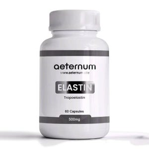 Puede incluir: Una botella de plástico blanco de suplementos de la marca "aeternum". La etiqueta presenta la palabra "ELASTIN" en negrita, junto con "Tropoelastin", y detalles sobre la cantidad y la dosis: 60 cápsulas, 500mg.