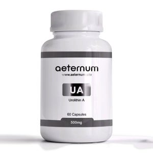 May include: A white supplement bottle with a gray label featuring the brand name "aeternum" and the text "UA Urolithin A". The bottle contains 60 capsules, each with 500mg of the supplement.