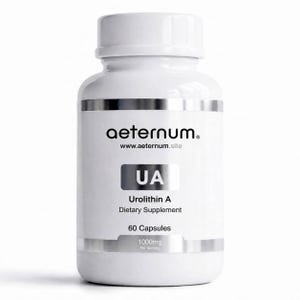 May include: A white supplement bottle with a white cap. The label features the brand name "aeternum" and the text "UA Urolithin A Dietary Supplement". It contains 60 capsules, with 1000mg per serving.