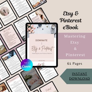 以下が含まれることがあります： ピンクと白の電子書籍の表紙で、「Dominate Etsy & Pinterest」というタイトルと「Mastering Etsy and Pinterest Platforms」というテキストが書かれています。表紙には花柄のデザインと「61ページ」と「即時ダウンロード」というテキストも含まれています。