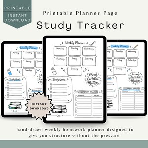 Könnte beinhalten: Druckbare Study Tracker Planerseite mit Wochenlayout. Das Design umfasst Abschnitte für Lernziele und einen Aufgaben-Tracker. Der Text enthält "Sofort-Download" und "Konzentriere dich auf das, was wichtig ist".