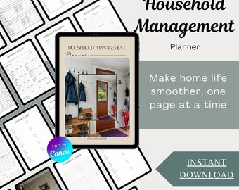 May include: A digital household management planner displayed on a tablet, surrounded by other planner pages. The planner's cover features a photo of a home entryway. Text includes "Household Management Planner", "Make home life smoother, one page at a time", and "Instant Download".