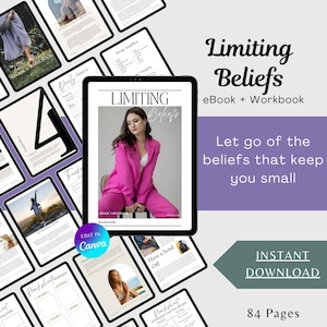 Może przedstawiać: Cyfrowa książka i zeszyt ćwiczeń zatytułowane "Limiting Beliefs" z kobietą w różowym garniturze na okładce. Obraz zawiera arkusze i tekst "Pozbądź się przekonań, które Cię ograniczają" i "Natychmiastowe pobieranie".