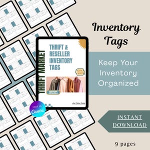 May include: A digital product image featuring inventory tags for thrift and reseller businesses. The central tablet displays "Thrift & Reseller Inventory Tags" with clothing images. Surrounding tablets show tag templates. Text includes "Keep Your Inventory Organized" and "Instant Download."