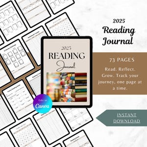 May include: A digital planner for tracking reading goals in 2025. The planner has 73 pages and includes sections for yearly reading goals, audiobook tracking, a 10 book challenge, monthly calendars, and reading logs. The cover features a stack of colourful books with the text "2025 Reading Journal".