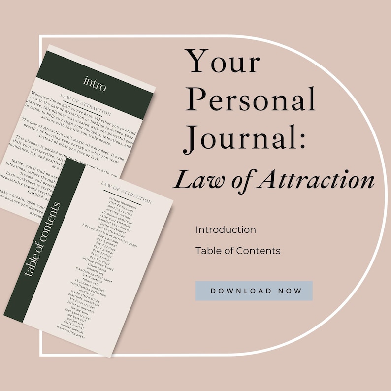 May include: A personal journal titled "Your Personal Journal: Law of Attraction" with an introduction and table of contents. The journal is designed to help users align their thoughts and intentions. The cover is a light beige color with dark green and black text.