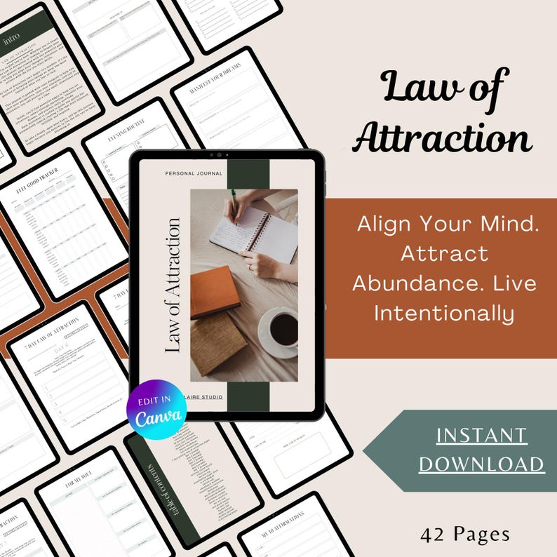 May include: A digital journal with the text "Law of Attraction" and the words "Align Your Mind. Attract Abundance. Live Intentionally." The image shows a person writing in a notebook, a coffee cup, and other journal pages. The journal is available for instant download.