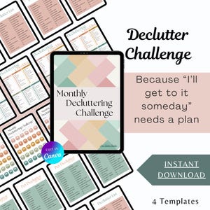 May include: A digital tablet displays a "Monthly Decluttering Challenge" template with a geometric design in pastel colors. The image includes multiple templates and the text "Instant Download" and "Edit in Canva."