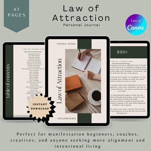 May include: A digital personal journal titled "Law of Attraction" with 42 pages, designed for manifestation. The cover features a minimalist design with the title and a photo of a person writing in a notebook. Includes an instant download option.