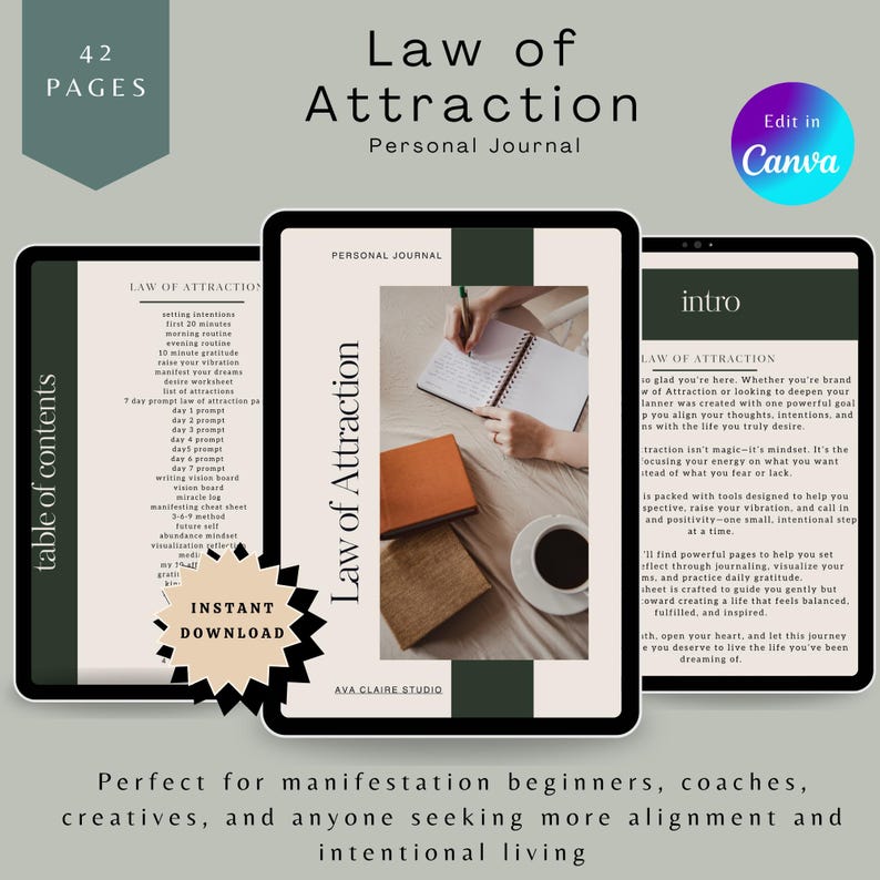 May include: A digital personal journal titled "Law of Attraction" with 42 pages, designed for manifestation. The cover features a minimalist design with the title and a photo of a person writing in a notebook. Includes an instant download option.