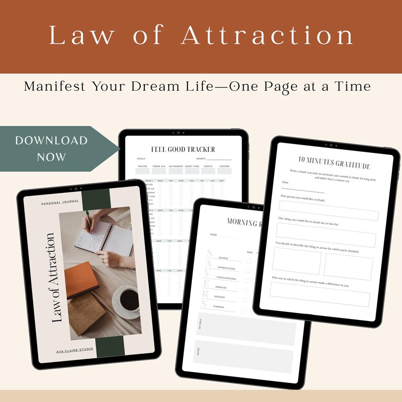 May include: Digital download featuring a Law of Attraction journal with the text "Law of Attraction" and "Manifest Your Dream Life - One Page at a Time." Includes templates for a feel-good tracker, morning routine, and gratitude exercises.