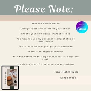 May include: Digital product download with the text "Please Note:" and "Edit in Canva". The image includes information about rebranding, Canva links, and private label rights. A tablet displays a journal with the words "Law of Attraction".