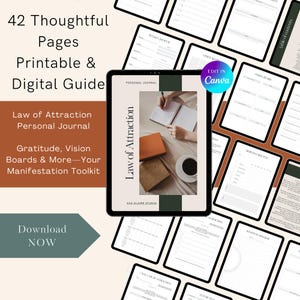 May include: A digital guide with 42 pages, featuring a Law of Attraction personal journal. The image shows a tablet displaying the journal, with additional pages and the text "Edit in Canva". Includes gratitude and vision board sections.