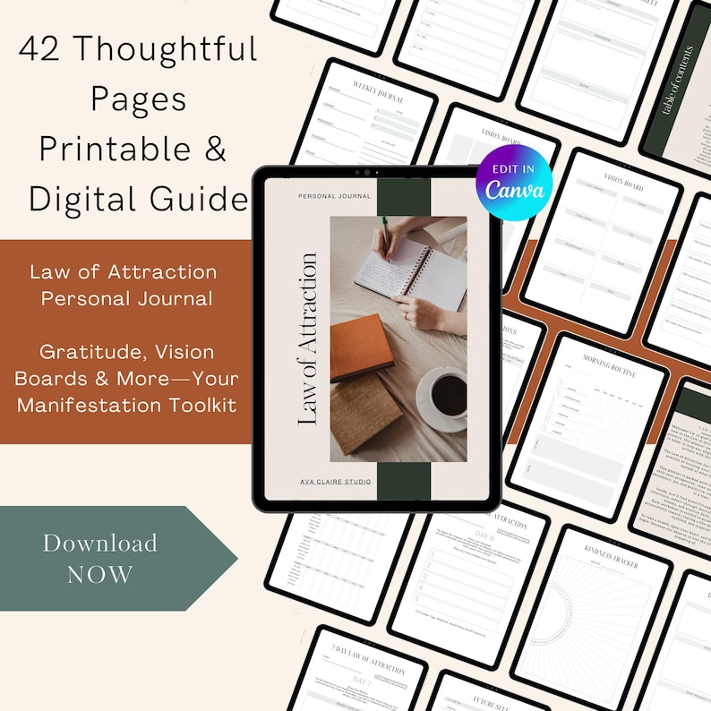 May include: A digital guide with 42 pages, featuring a Law of Attraction personal journal. The image shows a tablet displaying the journal, with additional pages and the text "Edit in Canva". Includes gratitude and vision board sections.
