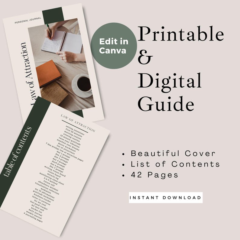 May include: A digital guide with the text "Printable & Digital Guide" and "Law of Attraction" on the cover. The guide includes a table of contents, a list of prompts, and is 42 pages long. The guide is available for instant download.
