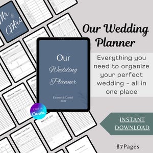 May include: A digital wedding planner on a tablet, surrounded by printed planning sheets. The tablet displays "Our Wedding Planner" in elegant script, with the names Eleanor & Daniel and the year 2027. The image also includes the text "Instant Download".