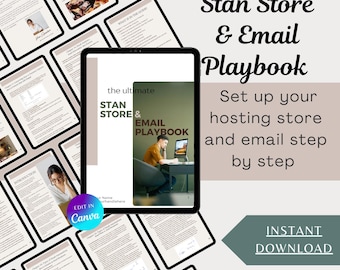 May include: A digital marketing guide titled "Stan Store & Email Playbook" with the text "Set up your hosting store and email step by step." The image includes a tablet, documents, and the text "Instant Download" and "50 Pages."