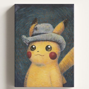 Pikachu Van Gogh Ready To Hang Canvas, Pikachu Famous Wall Art, Starry Night Pikachu Art Print, Van Gogh Style Art, Gift Pikachu Poster